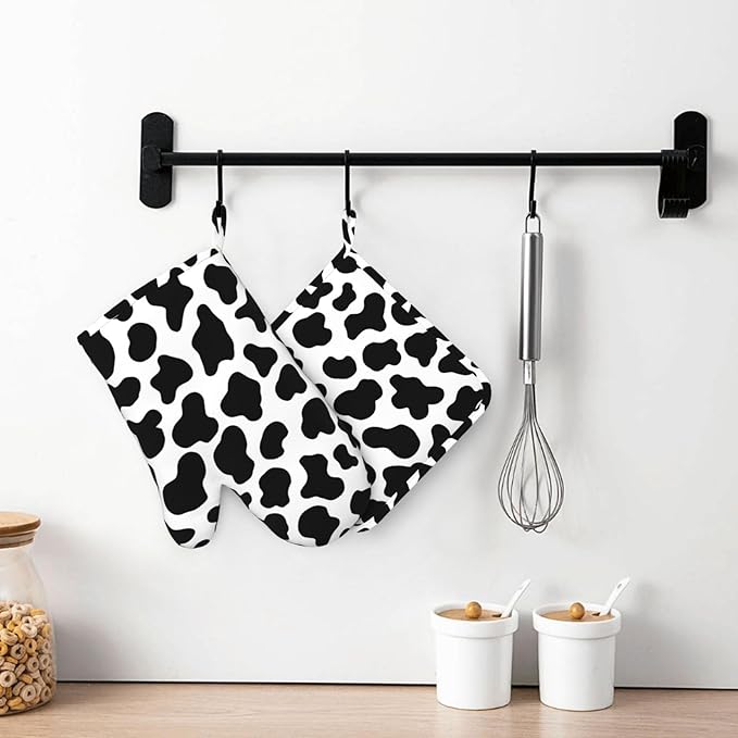 Cow Print Oven Mitts and Pot Holders Sets Silicone Black White Cow Print Kitchen Mitts Potholders Heat Resistant 4Pcs Farmhouse Cowhide Oven Gloves Hot Pads for Kitchen Baking Cooking