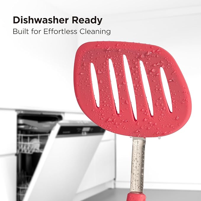 Kitchen Mama WaltzGrip Platinum Silicone Pancake Spatula Turner: Heat Resistant Flexible, Stainless Steel Core, Nonstick, Dishwasher Safe, Flipper – Ideal Kitchen Cookware for Eggs, Fish, Meat (Red)