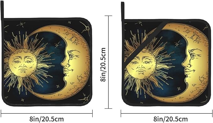 Pot Holder Heat Resistant Set of 2 Golden Sun Moon Stars,Potholders Oven Hot Pads for Kitchen Cooking Baking BBQ