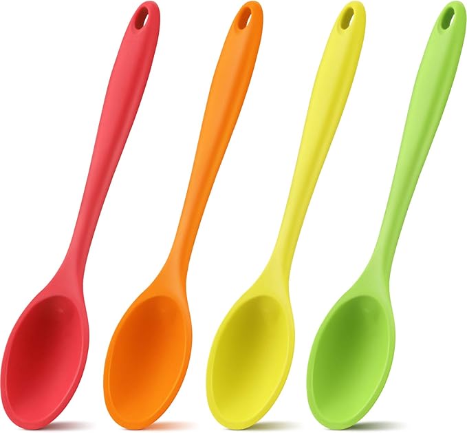 Shappy 4 Pieces Silicone Cooking Spoons 10.6 Inch Heat Resistant Kitchen Spoons for Mixing, Serving and Stirring Upgrade Large Non Stick Basting Utensils, Dishwasher Safe(Spoon,Bright Color)