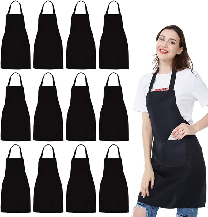 NOBONDO 12 Pack Bib Apron - Unisex Black Apron Bulk with 2 Roomy Pockets Machine Washable for Kitchen Crafting BBQ Drawing