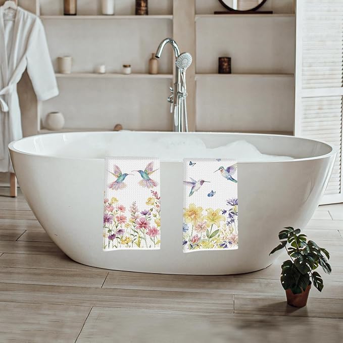 2 Pcs Hummingbird Floral Kitchen Towels Set, Absorbent Microfiber Waffle Weave Dish Cloths, Decorative Hand Towels for Bathroom Kitchen, Hummingbird Gifts for Women Housewarming Spring Holiday