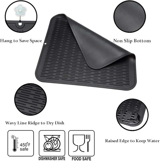 ZLR 2 Pcs Large Silicone Dish Drying Mat (16" x 18") - XL Heavy Duty Drainboard Mat for Pots, Pans & Family Loads - Heat Resistant Trivet & Counter Protector, Easy Clean (Black)