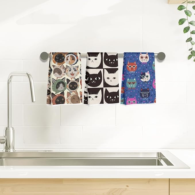 ZHAMEN 3Pcs Cat Kitchen Towels 24x14 Inch, Absorbent Vintage Dish Cloth Tea Towel, Waffle Weave Microfiber Hand Towels for Kitchen Home Bathroom Farmhouse Decor, Cat Gifts for Women Mom Friend Lovers