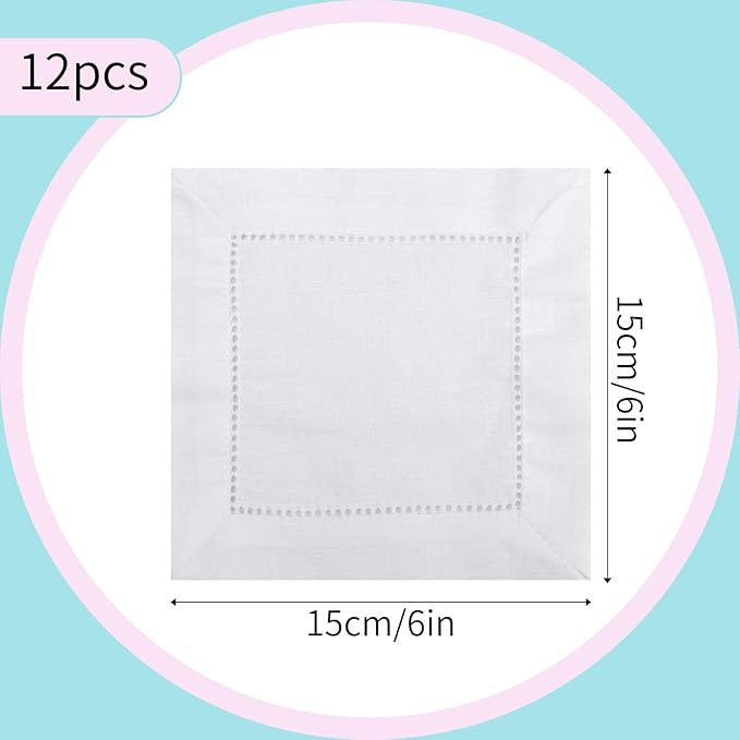 12pcs Linen Cocktail Napkins, 6x6 Inch Reusable Cloth Fabric Serviettes Napkins for Wedding Birthday Baby Shower Party Home Bar Beverage Supplies (White)