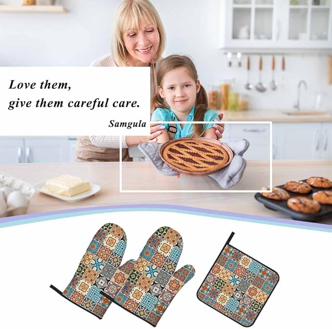 Retro Plaid Oven Mitts and Pot Holders Sets Traditional Ornate Portuguese Style Heat Resistant 3pcs for Cooking Baking BBQ