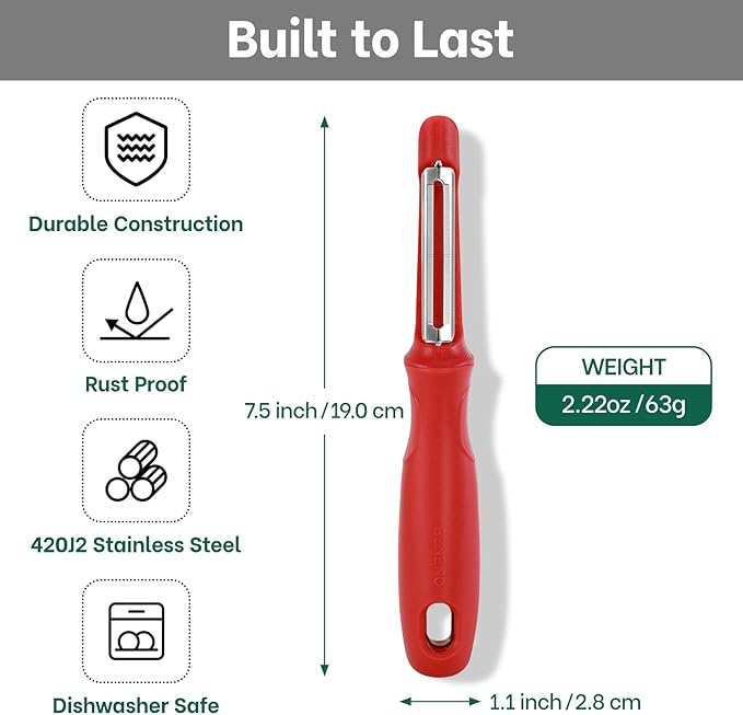 Beneno Swivel Vegetable Peeler, Razor-Sharp Smooth Peeling Potato Peelers with Stainless Steel Blades, Ergonomic Comfort Non-Slip Rubber Handle, Durable Kitchen Peelers with Potato Eye Remover, Red