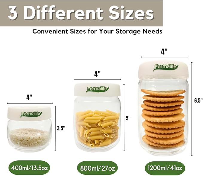 FERMALIFE - Food Storage Jar Containers, Borosilicate Glass Vacuum Seal Lids, Airtight Food Pantry Seal, Flour, Cereal, Pasta, Grains, Oats Canister | Size: 13.5oz, 27oz, 41oz (41oz - WHITE)