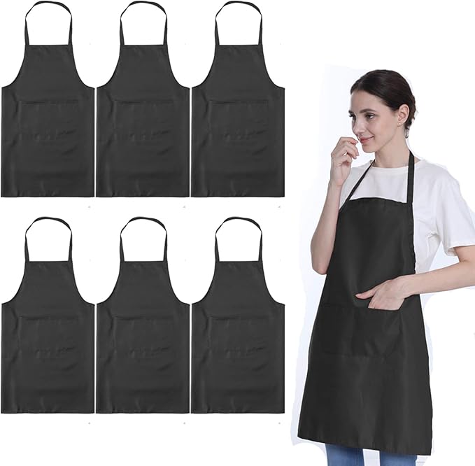 Total 6PCS Black Apron for Wowen Adult Unisex with 2 Pockets-Chef Cooking Baking Kitchen Restaurant Crafting Painting Party Aprons