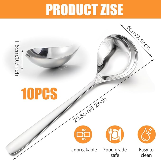 10 Pcs Small Sauce Ladle, 8.2 Inch Stainless Steel Small Serving Ladle Gravy Soup Spoon Ladles (Silver)