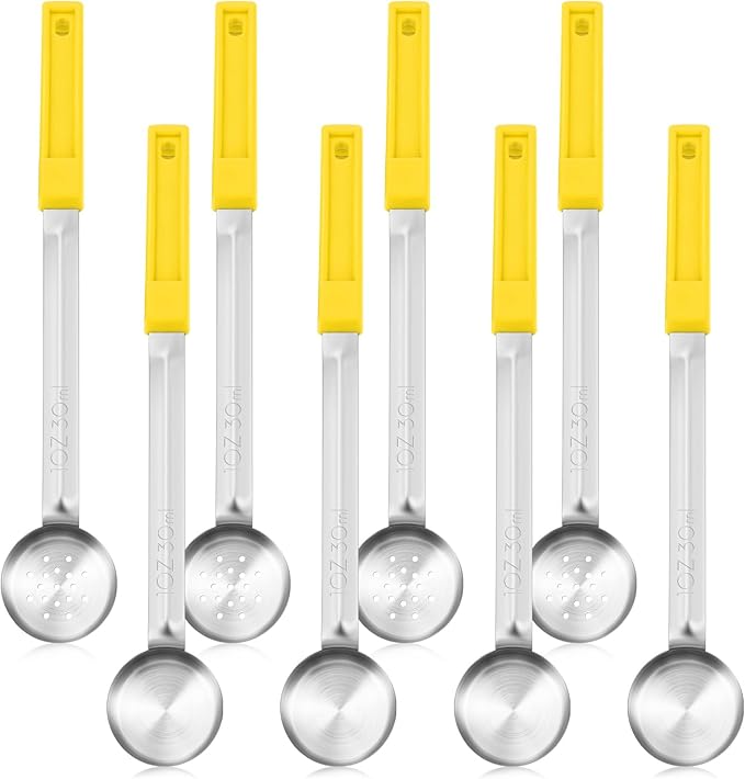 Teenyyou 8 Pcs Portion Control Serving Spoons Portion Scoops Cups Solid and Slotted Stainless Steel Ladle Spoon for Food, Serving Utensils Set for Parties (Yellow,1 oz)
