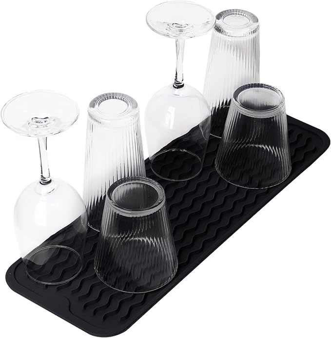 ZLR 2 Pcs Silicone Sponge Holder & Sink Caddy Tray (6" x 17") - Narrow Dish Drying Mat for Kitchen Counter - Waterproof Soap Dispenser Organizer, Non-Slip Bathroom Vanity Tray (Black)