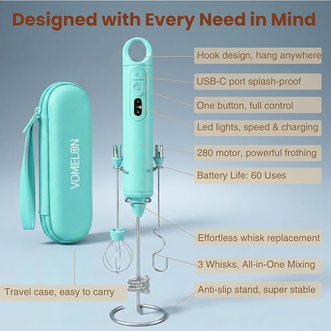 Rechargeable Milk Frother Handheld 3 Speed Coffee Foamer [3 Whisk] Electric Drink Mixer for Latte, Cappuccino, Coffee, Eggs, Hot Chocolate, Mint