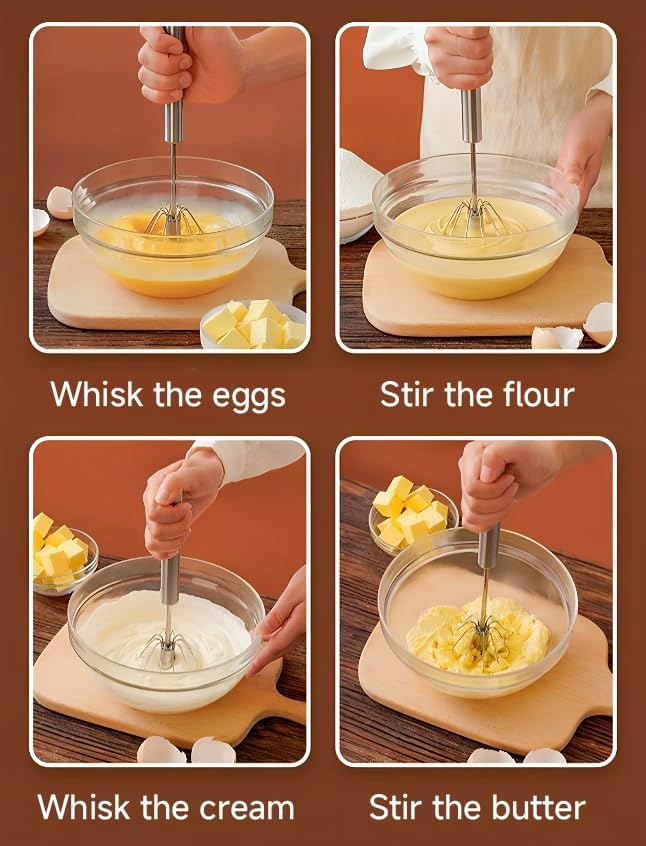 Semi-Automatic Stainless Steel Egg Whisk, Hand-Operated Rotary Whisks, Multi-functional Stainless Steel Kitchen Mixing Tool, Manual Egg Whisk, Suitable for Mixing, Whipping, and Stirring, 12"