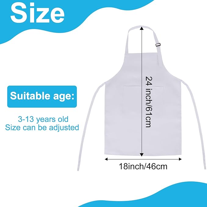 12 Pack Kids Apron bulk with 2 Pockets Adjustable Chef Art Apron Kids Painting Aprons for Cooking Baking Painting Crafting Grilling Activity（White）