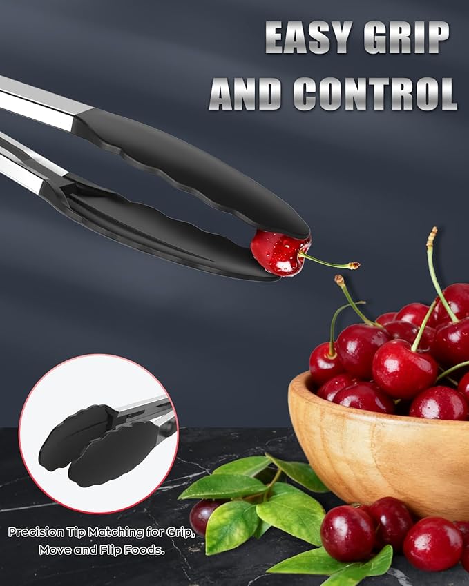 600ºF Heat Resistant Kitchen Tongs, Premium Locking Cooking Tongs with Silicone Tips, Non-Slip Food Tongs for Cooking, Non-Stick, Heavy Duty Stainless Steel Handle, Set of 3-7" 9" and 12" Black