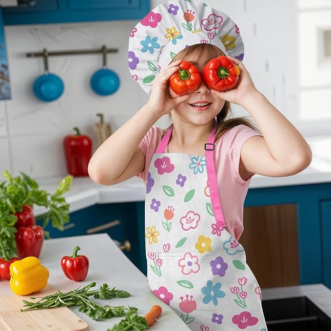 SANDJEST Kids Apron with Chefs Hat Set, Kitchen Apron Gifts