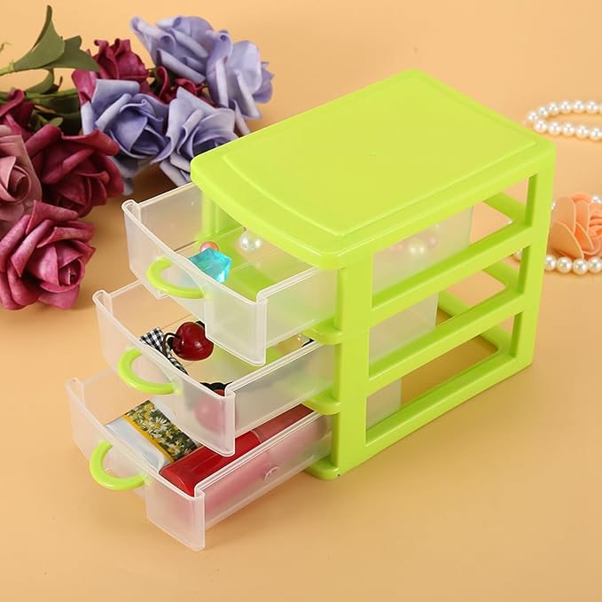 3 Tier Plastic Drawer Organizer with Adjustable Dividers, Compact Detachable Storage Box for Jewelry Makeup Accessories, Multi Purpose Home Office Bathroom Organization (3 Layers of Green)