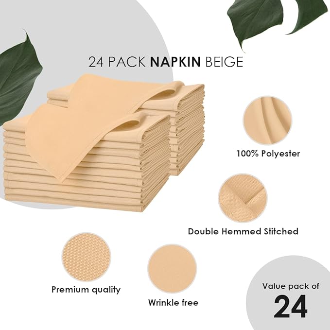 Avalon Kitchen Beige Cloth Napkins Bulk (Pack of 24) - 100% Polyester Dinner Linen Napkins Cloth Washable & Reusable - Durable with Hemmed Edges - Ideal for Parties and Weddings (17x17 Inches)