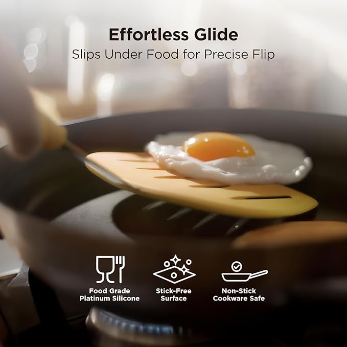 Kitchen Mama WaltzGrip Platinum Silicone Pancake Spatula Turner: Heat-Resistant, Slotted Tapered Head, Stainless Steel Core, Durable, Dishwasher-Safe, Ideal for Flipping and Wok Use (Yellow)