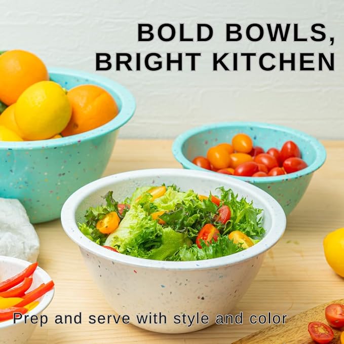 bzyoo Confetti Nesting Mixing Bowls Set - 4-Piece Colorful Kitchen Bowls (18oz, 1.25QT, 2.5QT, 4QT) - BPA-Free, Dishwasher Safe, Space-Saving Design Eggshell Color