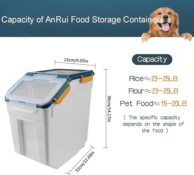 AnRui Flour Storage Container 25lb, Grain Storage Bucket, Airtight Rice Cereal Dispenser Organizer Box with Lid, Wheat Berry Storage Bin with Measuring Cup, Scoop, Wheels, 2Pcs Blue