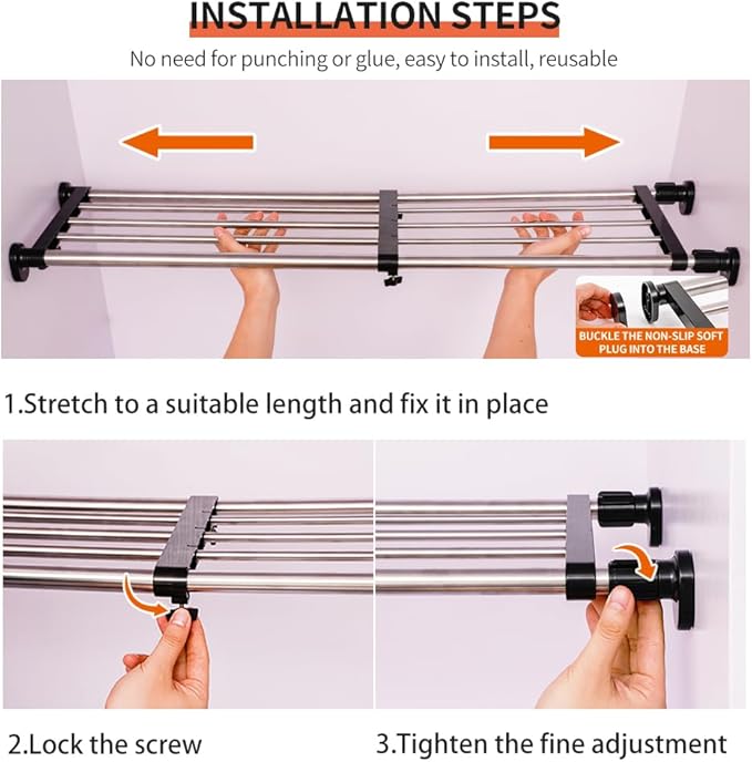 Hershii Expandable Closet Tension Shelf Rod Adjustable Metal Storage Rack Cabinet Organizer DIY Divider Separator Shelves for Wardrobe Cupboard Kitchen Bathroom, Black, 23.62-39.37inches