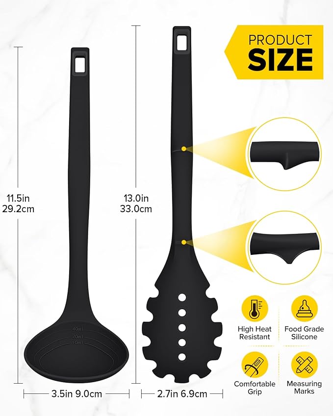Silicone Pasta Fork and Soup Ladle Set, Heat Resistant Non Stick Kitchen Utensils with Back Hooks, Suitable for Cooking, Stirring, Serving Spaghetti, Soup, Sauce (BLACK)