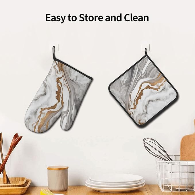 Beautiful White Gray Marble Oven Mitts and Pot Holders Heat Resistant Oven Mitts Safe for Baking Cooking BBQ