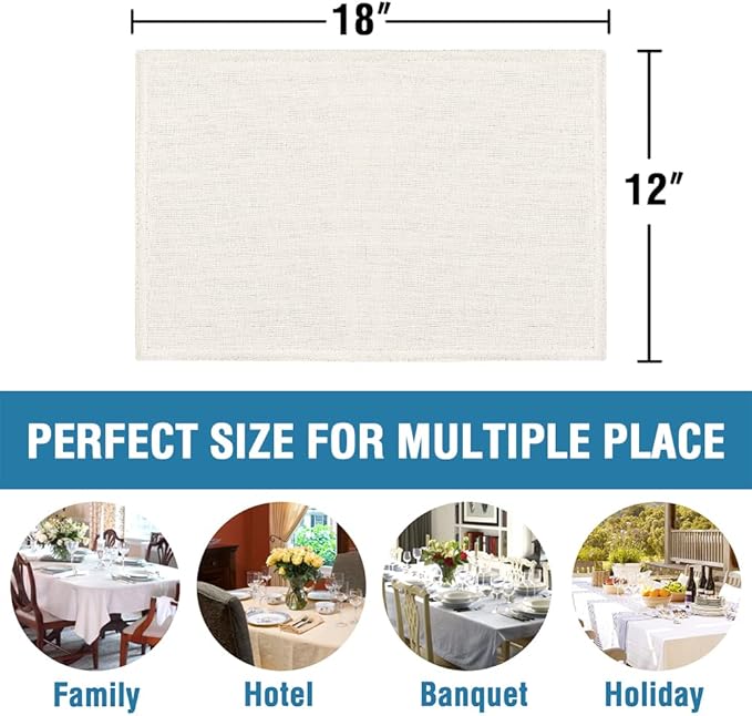 H.VERSAILTEX Linen Placemats Set of 8 Premium Solid Table Placemats for Dining Table Spill-Proof Waterproof Table Mats Heat-Resistant Kitchen Table Mats Washable, 12x18 inches, Ivory