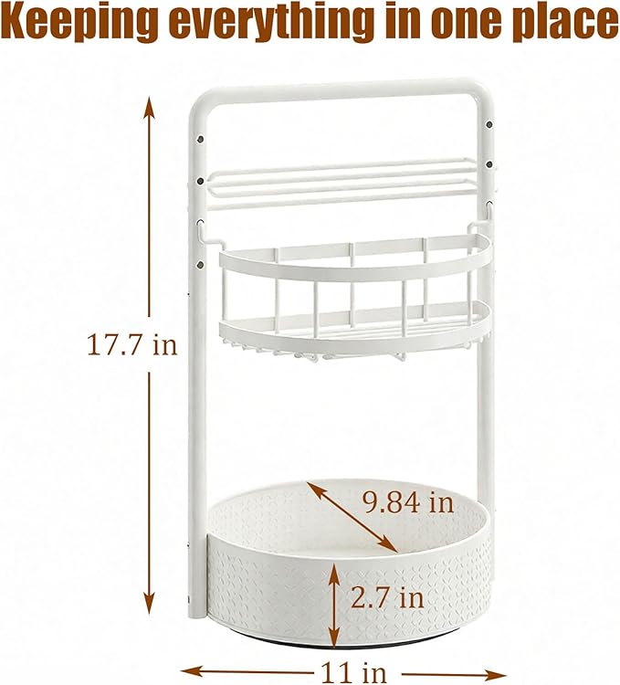 JEESA Rotating Spice Rack with Paper Towel Holder, 2 Tier Lazy Susan for Spices, Sturdy Iron Seasoning Organizer for Kitchen Countertop, White