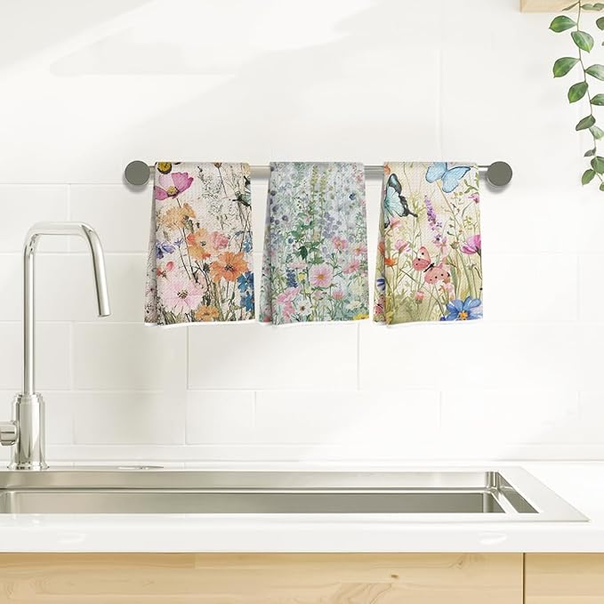 3Pcs Butterfly Kitchen Towels, Reusable Cleaning Dish Cloth Tea Towel, Floral Microfiber Hand Towel, Waffle Towels for Home Kitchen Bathroom Decor, Butterfly Gifts for Women Mom Friend, 24x14 Inch