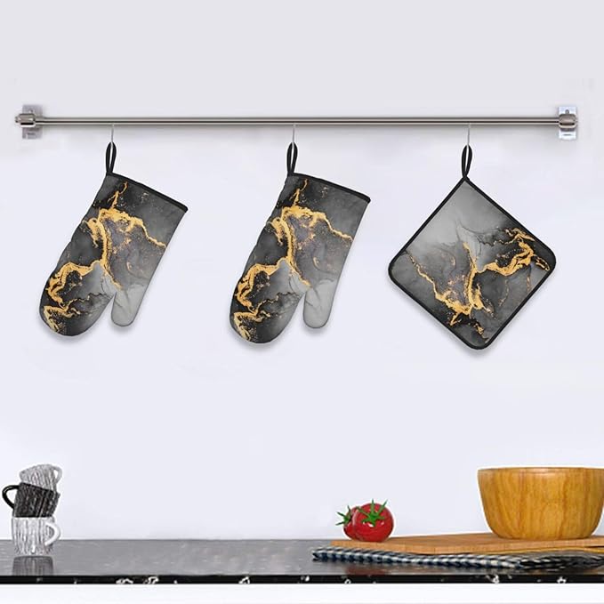 Black Gray Gold Marble Oven Mitts and Pot Holders Set Heat Resistant Abstract Modern Oven Gloves for BBQ Baking Grilling Cooking Kitchen Decor 3 Piece