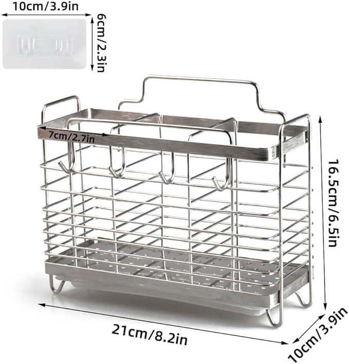 Kitchen Utensil Holder, Stainless Steel Utensil Drying Rack with Hooks, Utensil Holder Counter Organizer, 3 Compartments for Forks, Knives, Spoons, Chopsticks & Cooking Tools (Silver)