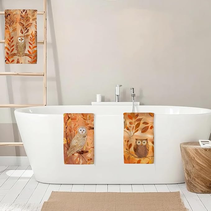 3 Pcs Fall Owl Kitchen Towels, Autumn themed Decorative Absorbent Microfiber Dish Cloth Tea Towel, Vintage Waffle Soft Hand Towels for Farmhouse Home Bathroom, Fall Gifts