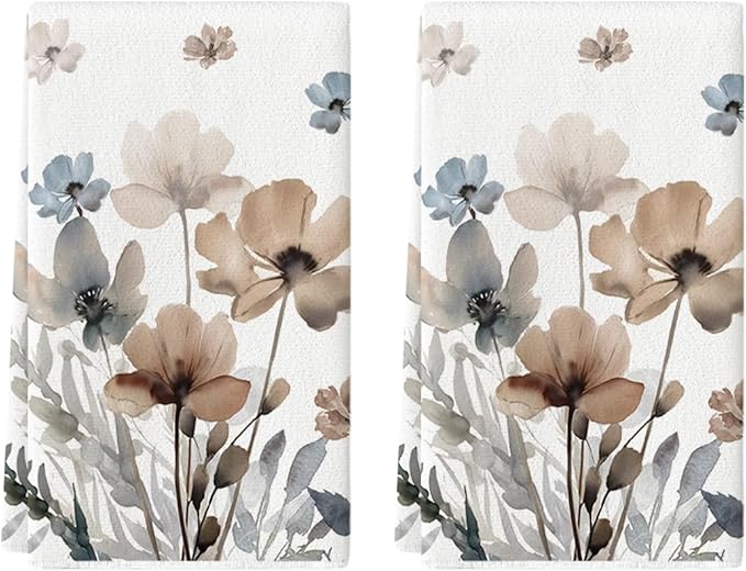Artoid Mode Brown Poppy Floral Leaves Spring Kitchen Towels Dish Towels, 18x26 Inch Seasonal Summer Decoration Hand Towels Set of 2