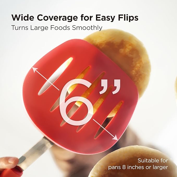 Kitchen Mama WaltzGrip Platinum Silicone Pancake Spatula Turner: Heat Resistant Flexible, Stainless Steel Core, Nonstick, Dishwasher Safe, Flipper – Ideal Kitchen Cookware for Eggs, Fish, Meat (Red)