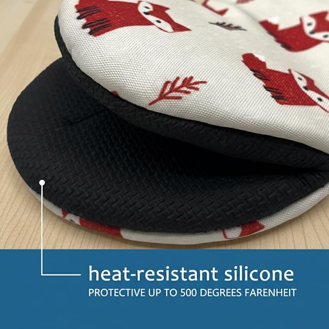 Cute Fox Mini Silicone Oven Mitts 2-Pack Set, Heat Slip Resistant Kitchen Gloves, Soft Oven Mittens for Baking & Cooking