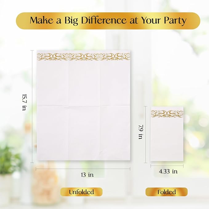 Vplus 200 Pack Paper Napkins Guest Towels Disposable Premium Quality 3-ply Dinner Napkins Disposable Soft, Absorbent, Perfect for Kitchen, Wedding, Parties, Dinners or Events (Gold)