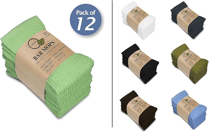 Softolle Bar Mop Towels, Pack of 12-16x19 Inches - 100% Cotton Super Absorbent Towels, Multi-Purpose for Home and Bar Cleaning (Light Green)