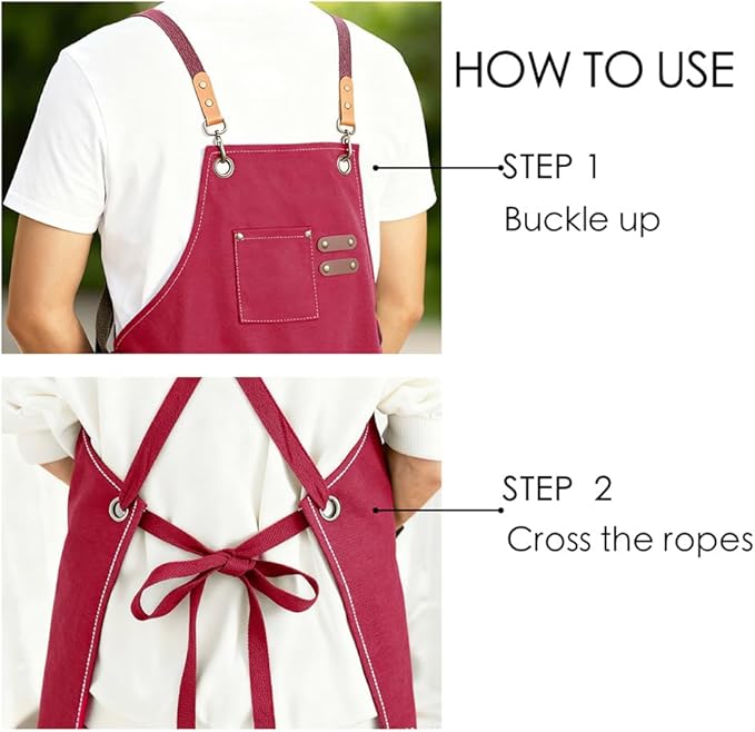 Chef Apron for Women Men with Pockets, Cotton Canvas Cross Back Adjustable Gardening Apron