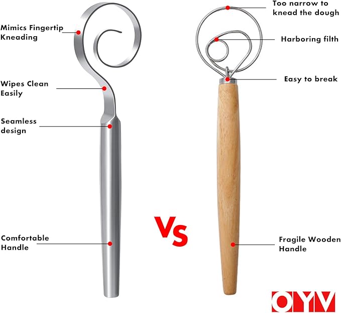 OYV 12-Inch Seamless Dough Whisk, 18/10 Stainless Steel Bread Whisk, Danish Whisk for Sourdough, Pizza, Cookies, Pancake & Waffle, Easy to Clean Sour Dough Tools