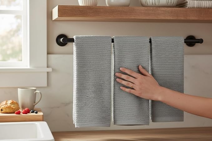 Serafina Home Light Grey Gray Kitchen Hand Dish Towels: Oversized 28" x 18", 100% Cotton Cloth Soft Cleaning Drying Absorbent Ribbed Design, Set of 3 Multipurpose for Everyday Use