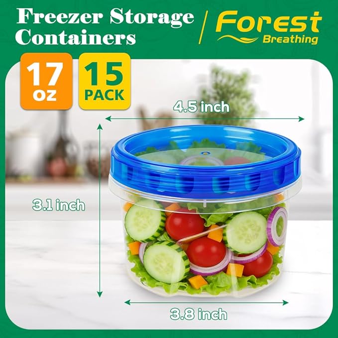 15 Pack 17oz Reusable Freezer Storage Containers with Twist Top Lids Airtight, Small Plastic Food Storage Containers for Meal Prep Leftover Lunch Fruit Salad, Soup Container Microwave Freezer Safe