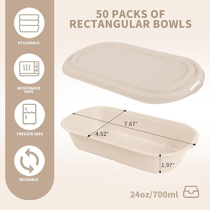 50Pcs(24oz) disposable meal prep food containers with lids,microwaveable and freezable compostable, takeaway containers salad for food bowls and bento boxes.