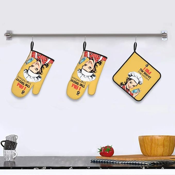 Cute Yellow Retro Chef Humorous Oven Mitts & Pot Holders Set of 3, Heat Resistant Funny Kitchen Gloves and Hot Pads for Cooking Baking Grilling, Gifts for Women Cooking Lovers, Home Decor, Yellow Red