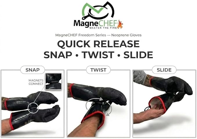 MagneCHEF Freedom BBQ Gloves 932°F Heat Rated Magnetic EZ On Off Safety Clips Waterproof for Grills Smokers Fryers Ovens