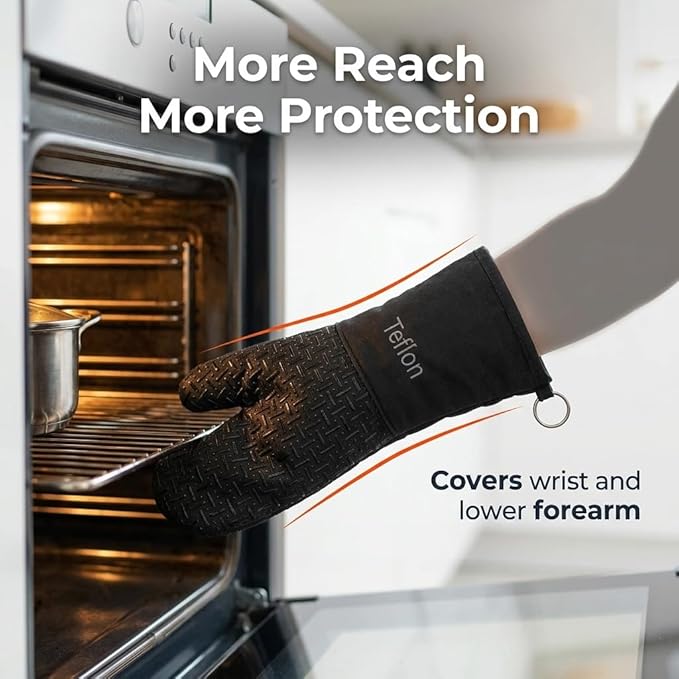Xlnt Extra Long Oven Mitts (Black) | Teflon EcoElite Water Repellent | Heat Resistant for Oven Cooking, Grill & BBQ | Non Slip Gloves with Teflon EcoElite Finish, Cotton Lining & Hanging Loop