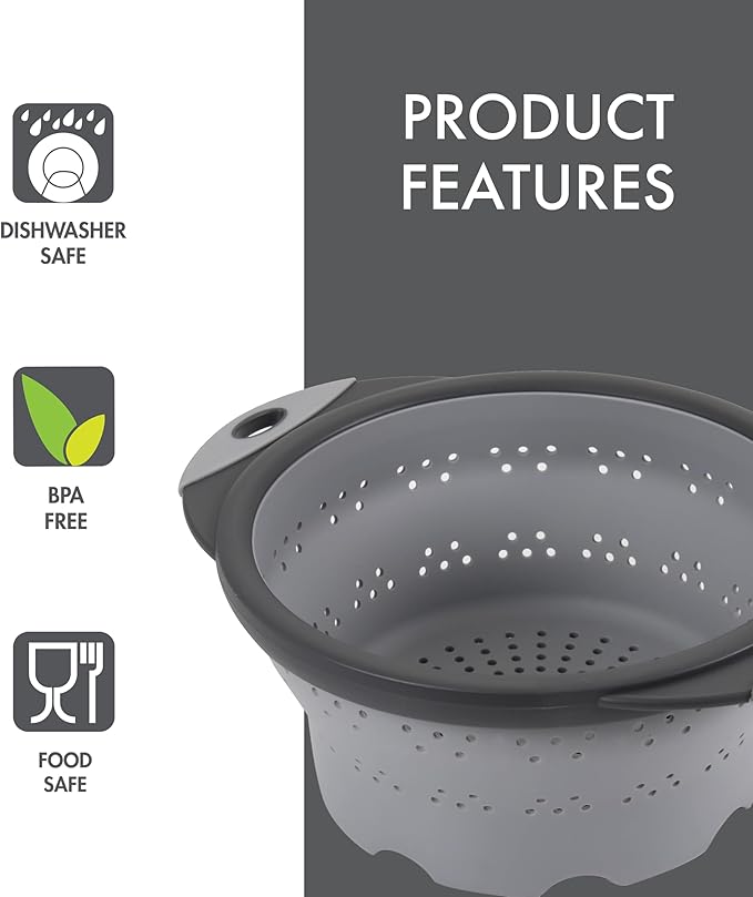 Dexas 8" Collapsible Silicone Colander in Cool Grey, Kitchen Strainer with Handles, 7.2 Cup Capacity | BPA-Free, Heat-Resistant, Space-Saving Kitchen Tool