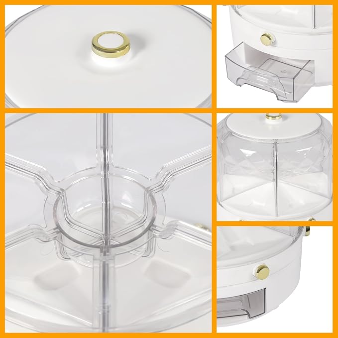 Cereal Dispenser, 6-grid 360° Rotating Grain Dispenser, 6 in 1 Sealed Clear Rice Dispenser, 6kg/13.2lbs Grain Storage Container, Countertop PP+PET Round Granular Dry Food Dispenser, 9.84*9.84in White